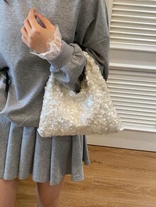 女士时尚托特包、水桶包、时尚简约优雅奢华派对亮片装饰单肩包，配金属链条，白色 - 白色 - 查看 5