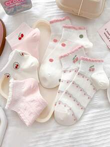 5 Pairs Women's Fashion Cherry Polka Dot Pattern Cute Ruffle Cuff JK Style Versatile Short Socks - Multicolor - View 3