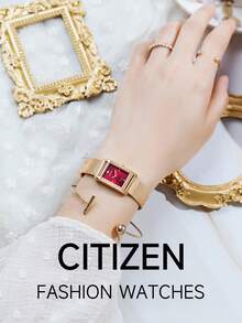 CITIZEN 女士金色石英表带手表，女士优雅礼物方形表壳石英手表，配不锈钢网状表带，EJ6123-81Z