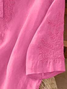 Women's Casual Loose Linen Embroidered Blouse, Spring/Summer - Rose Red - View 3