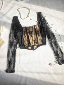 1pc Women Lace Patchwork Herringbone Slim Fit Front Button Closure Long Sleeve Square Collar Casual Blouse Top