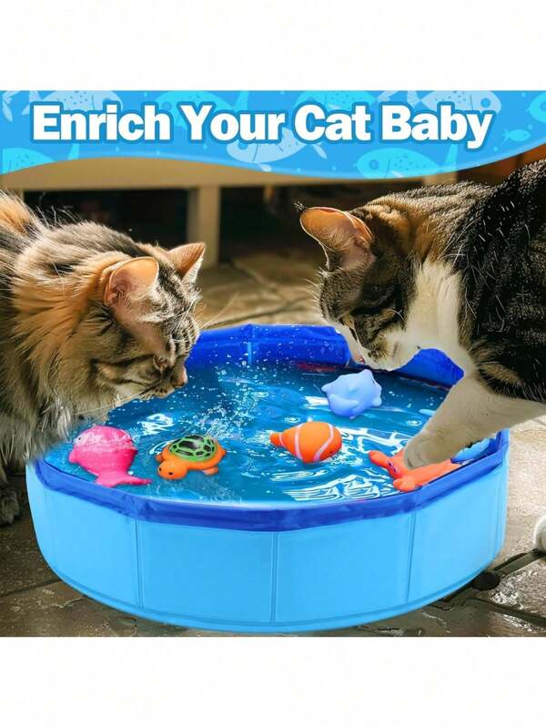 1 pièce Jouet de piscine pliable cool pour chat, bol d'eau portable pour chat d'intérieur/extérieur avec 6 jouets sonores grinçants, set d'animation interactif pour chat, nécessités d'été pour chat, maintient les chats qui jouent !
