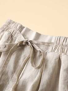 Women's Casual Linen Pocket Elasticated Waist Shorts, Suitable For Spring/Summer - Apricot - View 4