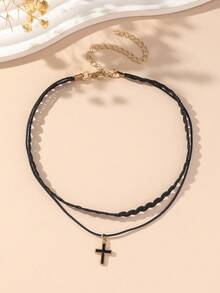 1 件时尚简约十字架和五角星多层颈链，适合女士 - 黑色 - 查看 4