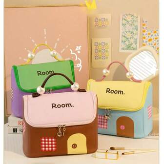 Dopamine House Structured Waterproof Makeup Bag, Multi-Compartment Travel Toiletry Organizer Pouch, Portable & Chic