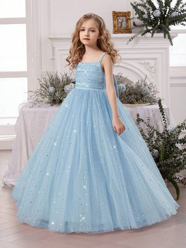 Vestido elegante de princesa color azul claro con tirantes de perlas, malla con decoración de lazo para niña preadolescente. Adecuado como regalo de cumpleaños, para fiesta de adolescentes, boda, niña de las flores, vestido de graduación