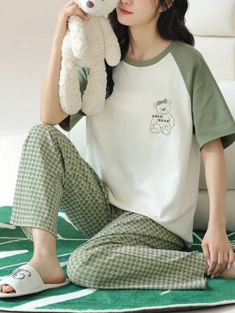 2pcs/Set Women Pullover Shorts Sleeve Sleepwear Top And Long Pants, Summer Pajama Set