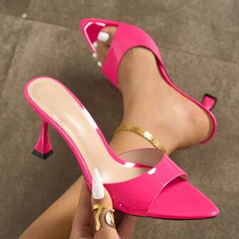 适合春夏派对的女士高跟鞋，优雅尖头闪光一脚蹬细高跟鞋，彩色面料，性感穆勒凉鞋，鲜艳的玫瑰红色