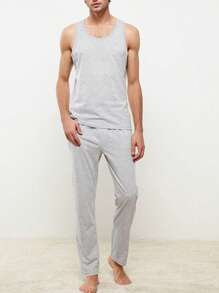 Conjunto de pijama para hombre, parte superior de cuello redondo delgada y pantalones, color gris sólido, casual y cómodo, ropa de estar en casa para verano