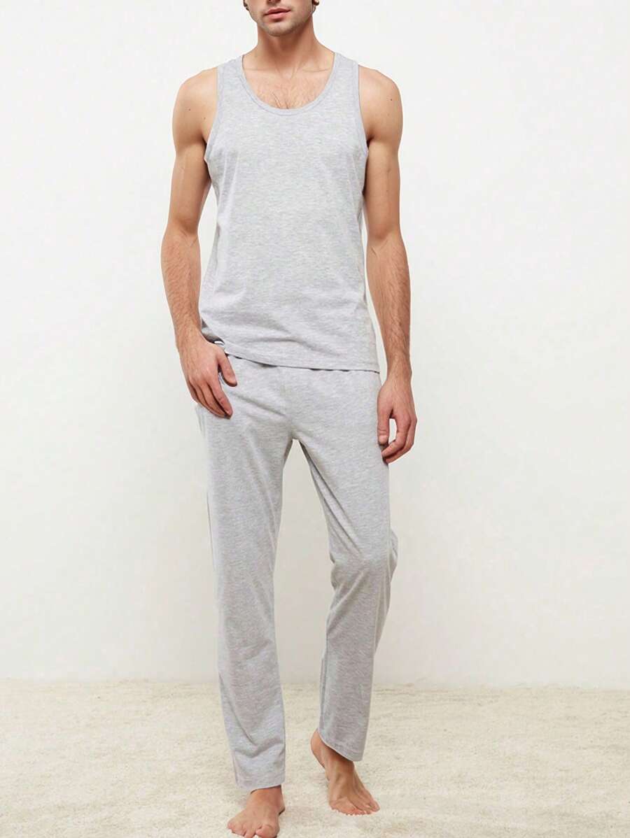 Conjunto de pijama para hombre, parte superior de cuello redondo delgada y pantalones, color gris sólido, casual y cómodo, ropa de estar en casa para verano