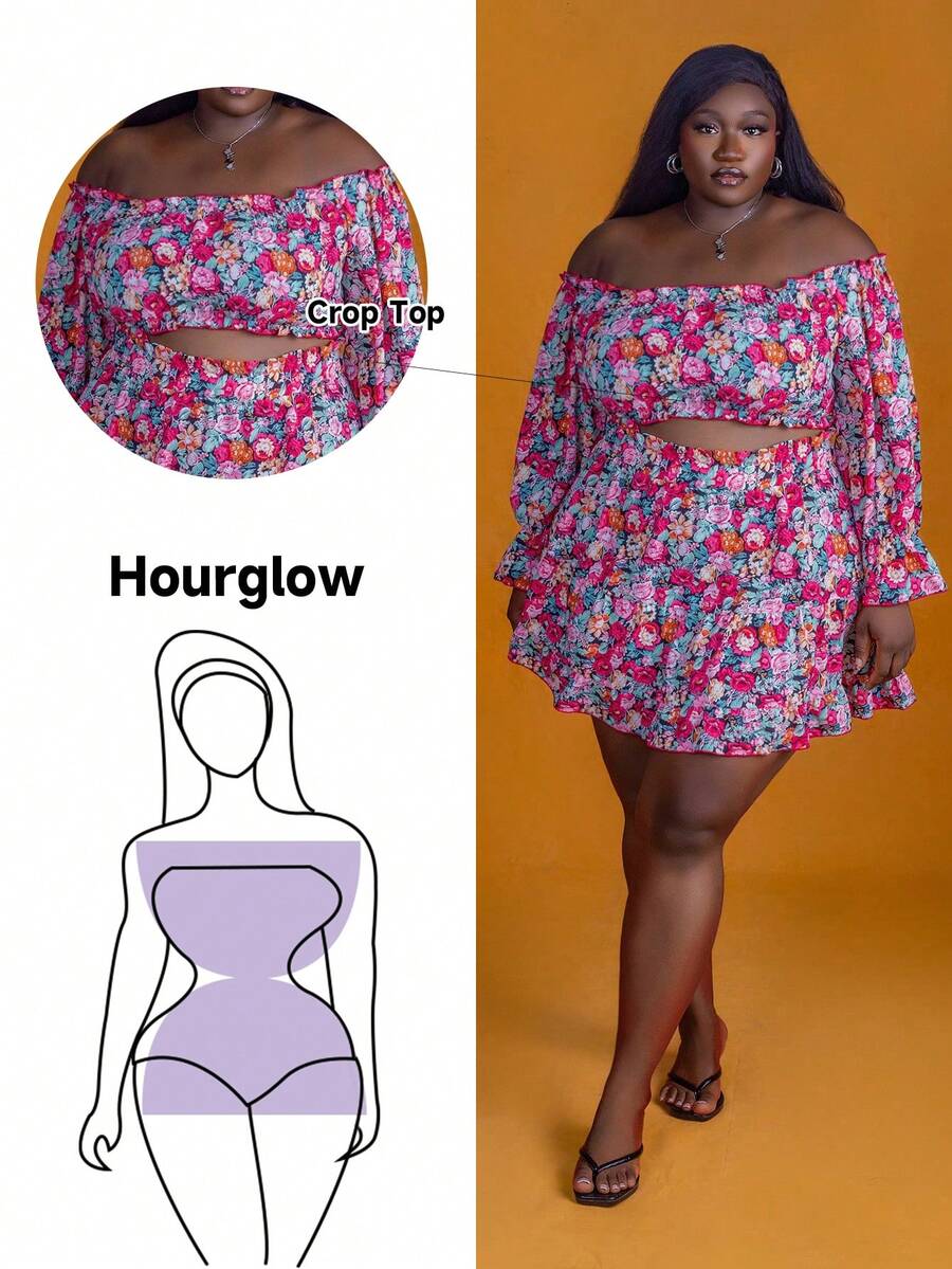 CurvyTilda Tildaharris Plus Allover Floral Print Off Shoulder Crop Top & Ruffle Hem Skirt, For Hourglass Body Shape - Multicolor - View 1