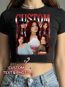 Customizable Y2K Bootleg Girlfriend T-Shirt, Design Your Own Shirt, Custom Photo T-Shirt, Custom Retro Photo T-Shirt, Custom Bootleg Hip-Hop T-Shirt, Custom Women's T-Shirt Blouse - Add Your Own Text And Images (Couple Photos/Girlfriend Photos/Family Photos/Selfies/Pet Photos/Friends Photos/Party Photos) To Design Your Personalized T-Shirt, Fashionable, Sexy - Black - View 1