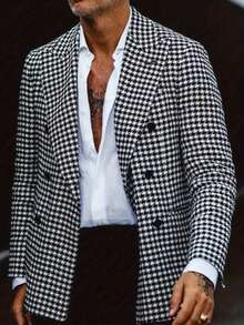 1pc Fashionable Casual Houndstooth Pattern Men's Suit Jacket, Suitable For Going Out And Commuting - Black - View 1