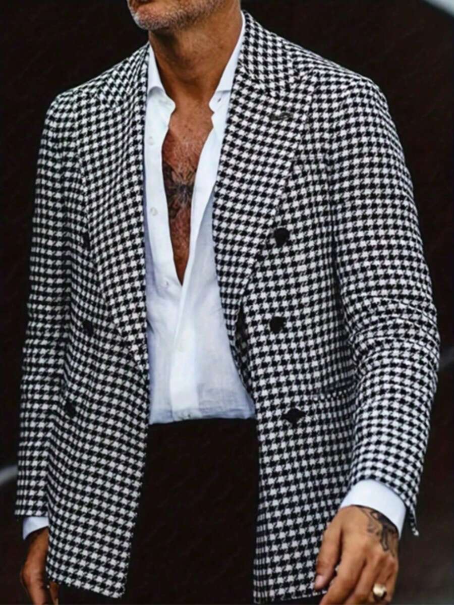 1pc Fashionable Casual Houndstooth Pattern Men's Suit Jacket, Suitable For Going Out And Commuting - Black - View 1