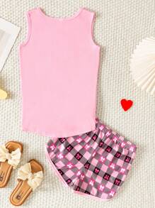 2 Peças Conjunto de Pijama Ajustado para Meninas, Regata com Estampa Xadrez Fofa e Laço, Shorts, Roupa de Descanso Doce e Confortável para o Verão