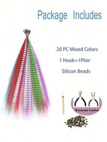 10/20/30/40/50 PCS Mixed Color Feather Hair Extensions 16 Inch Rainbow Color Synthetic Hair Extensions Long Colored Feather With Beads And Loop Tool For Hair Extension For Women Girls DIY Kit Holiday Party Use - Two-Tone - View 5