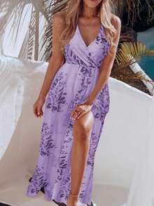 Vestido largo de verano con estampado floral, cuello en V, sin mangas, con abertura lateral para mujer - Boho, vacaciones, vestido de verano, boda, vestidos de vacaciones para mujer, Old Money, traje de San Patricio, vestido de Pascua para mujer, vestido escotado por detrás, atuendo de vaquera, vestido de novia - Morado - Ver 7