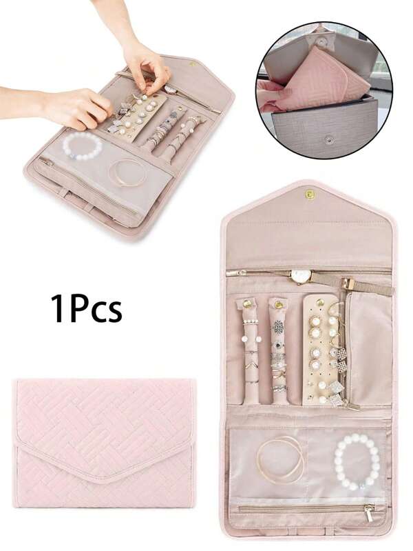 1pc Travel Jewelry Organizer Case Foldable Jewelry Roll, Exquisite Portable Travel Jewelry Storage Box For Journey-Rings, Necklaces, Earrings, Bracelets,Mini,Soft Pink,Blue,Black