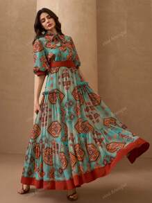 Elegant Romantic Print With Solid Color Fabric Belt Decorated Women's A-Line Vacation Dress