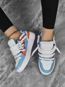 Comfortable And Stylish Outdoor Leisure Shoes, Suitable For City Walking, Commuting, Fitness And Traveling, Round Toe Low Top Color Block Lace-Up Chunky Sneakers, Versatile And Perfect For Holidays Gift Women Sports Shoes - 白藍桔 - 查看 4