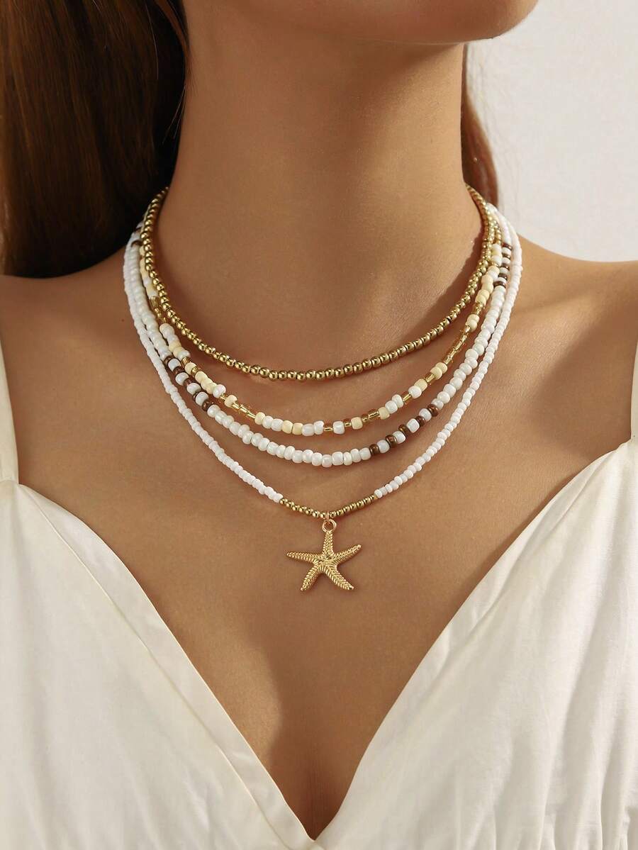4pcs Bohemian Style Random Color Glass Bead Starfish Pendant Layered Necklace Set, Suitable For Beach, Vacation, Party - Beige - View 1