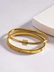 2 件/套波西米亚风格不锈钢金色幸运四叶草、心形和星形手镯套装，18K 镀水钻 - 非常适合购物、化装派对和浪漫约会、礼物