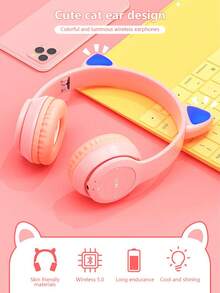 無線耳機,5.0升級,長久電池壽命,降噪,閃閃發光的貓耳朵無線耳機 - 藍色 - 查看 8