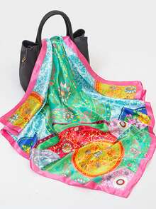 1件女士波西米亚风奢华植物佩斯利印花方巾，多功能围巾披肩，防晒，春夏休闲日常及户外穿着皆宜。 - 彩色 - 查看 5