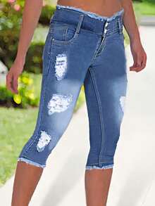 Women's Double Button Zipper Opening Denim Cropped Pants, Distressed Running Pants With Pockets, Women's Jeans And Clothing - Rửa nhẹ - Xem 2