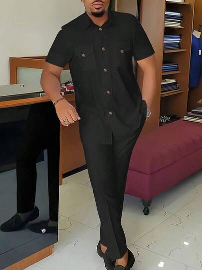 Disqoir 两件套，新款春夏男士达希基套装，纯色短袖衬衫带口袋和经典领口，松紧腰长裤，非洲服饰，男士休闲短袖长裤两件套，街头服饰，聚会，约会，婚礼，日常穿着，文化活动，传统仪式