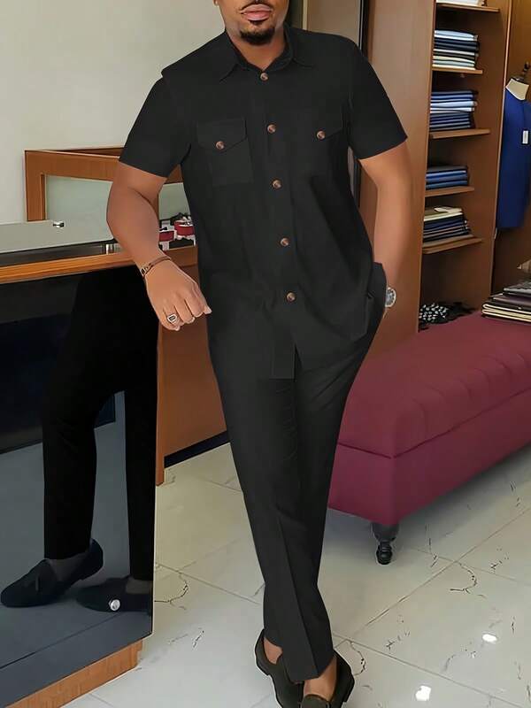 2pcs/Set, New Spring/Summer Men's Dashiki Set, Solid Color Short Sleeve Shirt With Pocket And Classic Collar, Elastic Waist Pants, African Clothing, Men's Casual Short Sleeve & Trousers 2-Piece Set, Streetwear, Gathering, Date, Wedding, Daily Wear, Cultural Events, Traditional Ceremonies