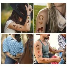 16pcs/Pack Pink Western Cowboy Waterproof Temporary Tattoo Stickers - Featuring Riding Horse, Cactus, Cowboy Boots & Hat Patterns, Suitable For Holiday Parties, Themed Events Decoration, Cowboy Style Accessories