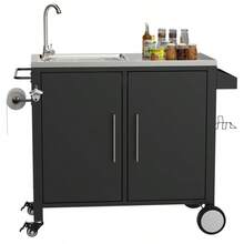 Outdoor Grill Table With Sink, Grill Cart With 304 Stainless Steel Sink And Cabinet, Outdoor Grill Cart,Outdoor Cart Sink Station With Wheels, L38" X W18" X H35"-629 - Multicolor - View 5