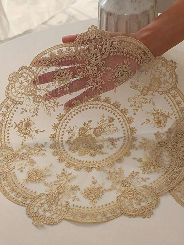 1pc/2pcs Vintage Round Lace Tablecloth, Crochet Doily Table Mat, Embroidered Flower Vase & Coaster Pad For Home Decor, Brown