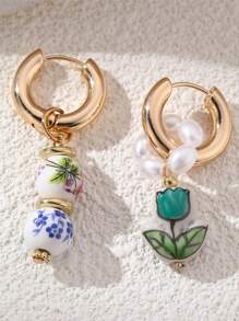 2 buc Cercei ceramici cu fluture și flori, cu mărgele, primăvară/vară, picătură de ulei cu perle artificiale, multicolori, potriviți pentru exterior, plajă, naveta, accesorii de zi cu zi