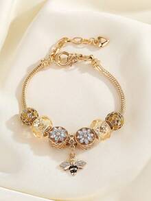 1pc Minimalist Fashion Rhinestone Hollow Heart, Clover, Pink Flower, Bee Pendant Bracelet, Fashionable Daily Wear For Teenagers - Multicolor - View 7