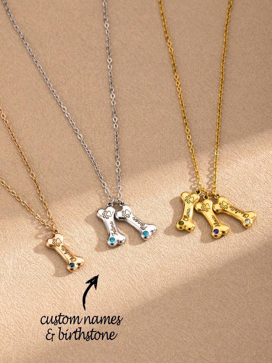 1 件镌刻狗骨头名字诞生石项链、定制宠物家族多个名字吊坠、镌刻宠物铭牌项链纪念礼物，适合女士、个性化狗爪配饰、友谊礼物、情人节礼物、派对礼物 - 玫瑰金 - 查看 1