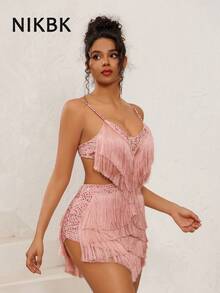 NIKBK 女士粉色舞台及演唱会吊带连体裤，饰有水钻，深V领，挂脖设计，腰部镂空，水钻饰边，流苏下摆，短款派对/夜店修身连衣裙，生日/情人节礼服 - 藕粉色 - 查看 5