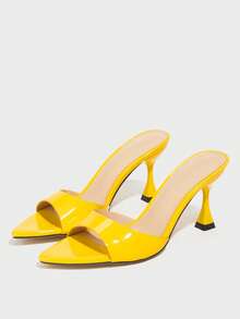 Women's Pointed Toe Mule Pumps In Shiny Mirror Material, Fashionable Evening Party Outdoor High Heel Shoes, Elegant Yellow Color - Yellow - View 7