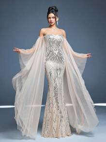 Off Shoulder Ruffle Layered Butterfly Sleeve Patchwork Sequin Fitted Mermaid Maxi Dress