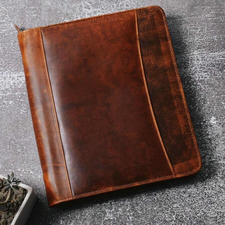 Leather Portfolio Folder A4 Organiser With Legal Pad Writing Case And Zip Padfolio Document Folder Conference For Men Vintage Brown - BrownLeather - View 1