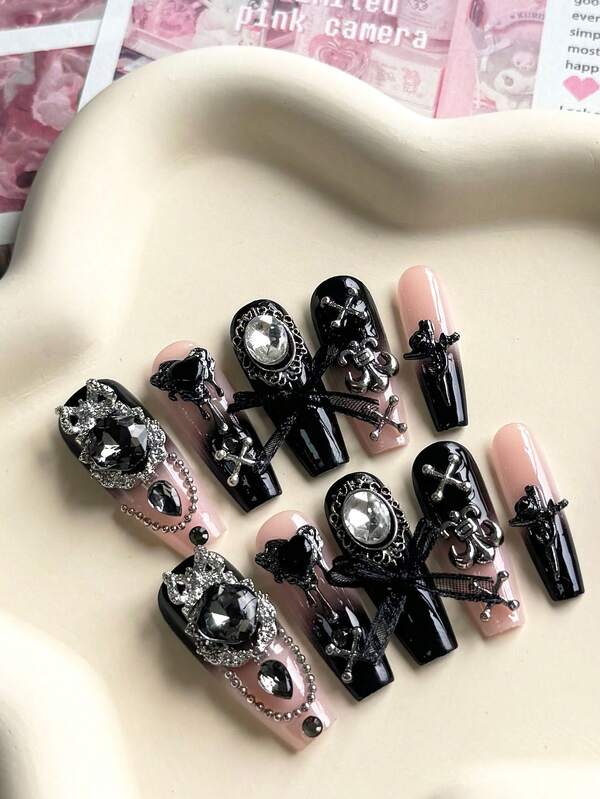 A Set Of 10 Long Coffin-Shaped Handmade Press-On Nail Pieces. These Feature A Y2K-Style Black-Pink Gradient Sweet-Cool Vibe, Decorated With Heavy-Industry Palace-Inspired Elements Like Rhinestones, Hearts, Canes, And Anchors, Creating A Princess-Like Wearable Nail Design. This Full-Coverage Detachable False Nail Set Is Suitable For Office Workers, Press On Nails Nail Supplies Nails