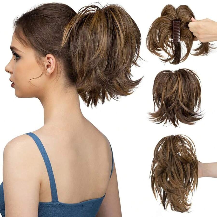 Hair Clip Short Ponytail Hair Extension DIY Bendable Metal Messy Bun Hair Piece Women Straight Hair Synthetic Wig Dirty Blonde - S-dark Brown/Golden Blonde - View 1