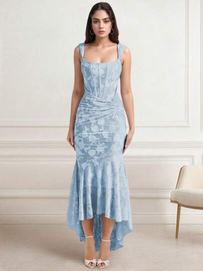 Women's Jacquard Spaghetti Strap Backless Mermaid Maxi Dress, Party Gown