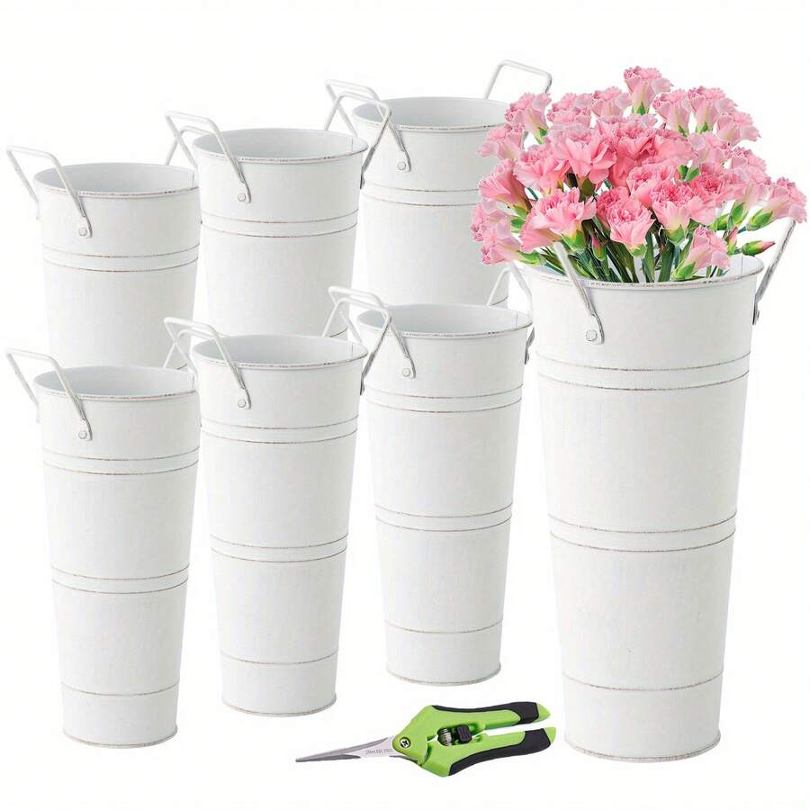 6 Pack Retro Flower Buckets With 1 Flower Scissor For Cut Flowers, For Home Decor And Wedding Table Centerpiece Decorations - 白色 - 查看 1