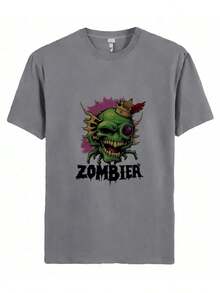 Camiseta de manga corta casual de verano para hombre - Personaje de serpiente verde con expresión amenazante y dientes afilados, vistiendo un cinturón con hebilla dorada, ambientado contra un colorido fondo a rayas - Gris - Ver 1