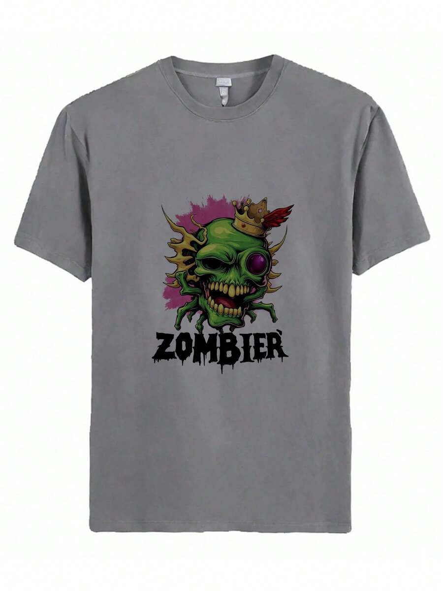 Camiseta de manga corta casual de verano para hombre - Personaje de serpiente verde con expresión amenazante y dientes afilados, vistiendo un cinturón con hebilla dorada, ambientado contra un colorido fondo a rayas - Gris - Ver 1