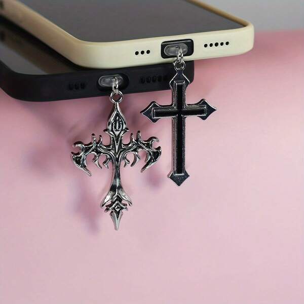 Flame Cross & Heart Cross Mobile Phone Dust Plug Pendant, Decoration Accessory Protector For IPhone, Type-C Port