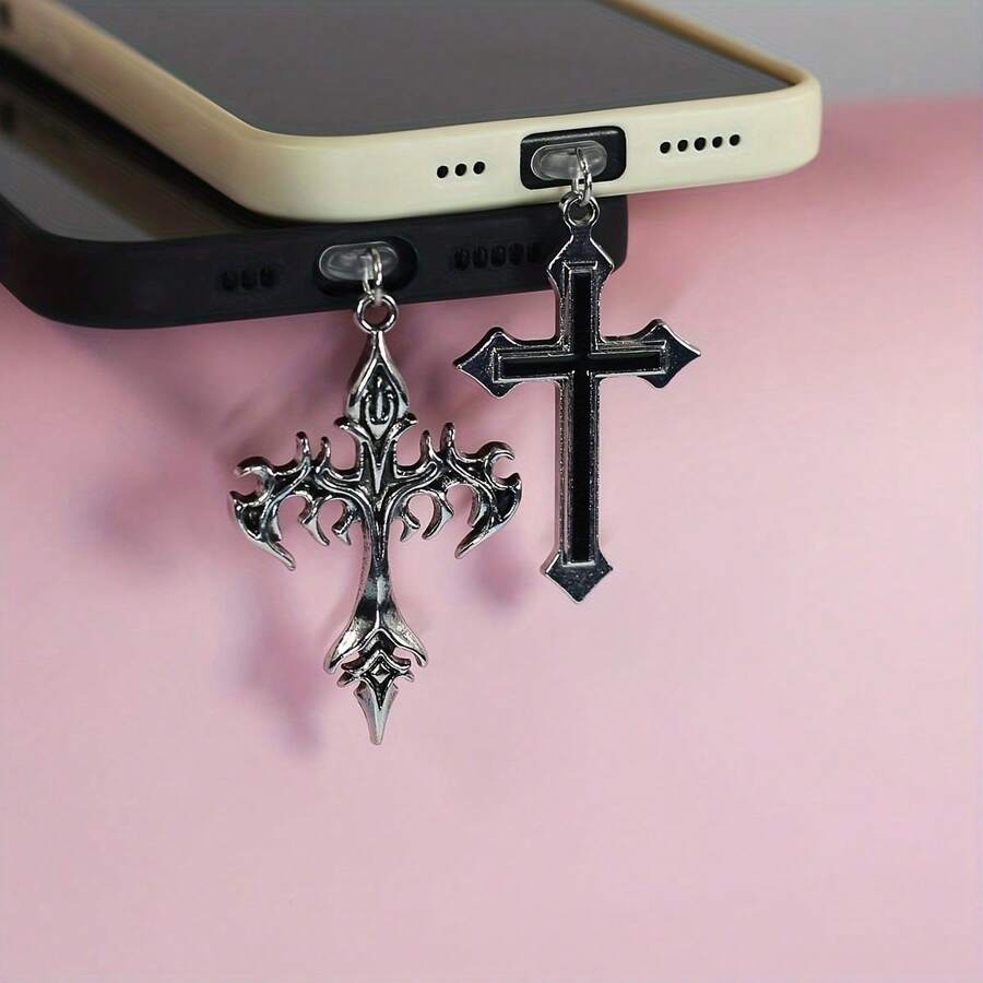 Flame Cross & Heart Cross Mobile Phone Dust Plug Pendant, Decoration Accessory Protector For IPhone, Type-C Port