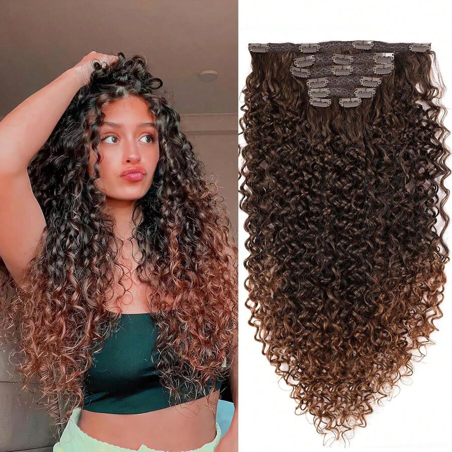 夹式接发 - 140克合成深棕色夹式接发，杰瑞卷发接发，适用于接发片（T30# 24英寸）（7片装）